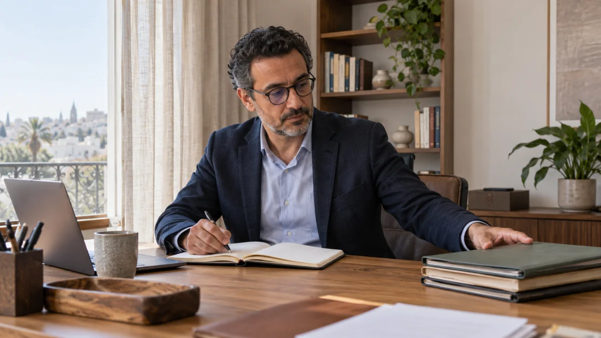 Un professionnel organise ses dossiers et prend des notes à son bureau.